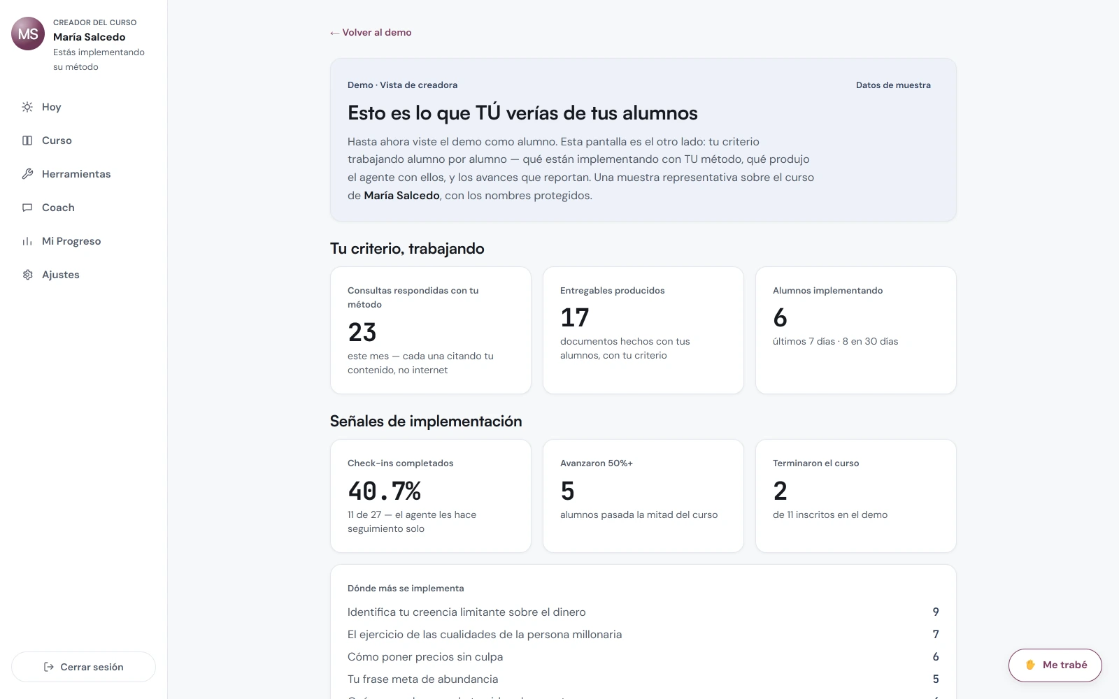 Vista para la persona creadora con métricas de implementación y entregables del curso